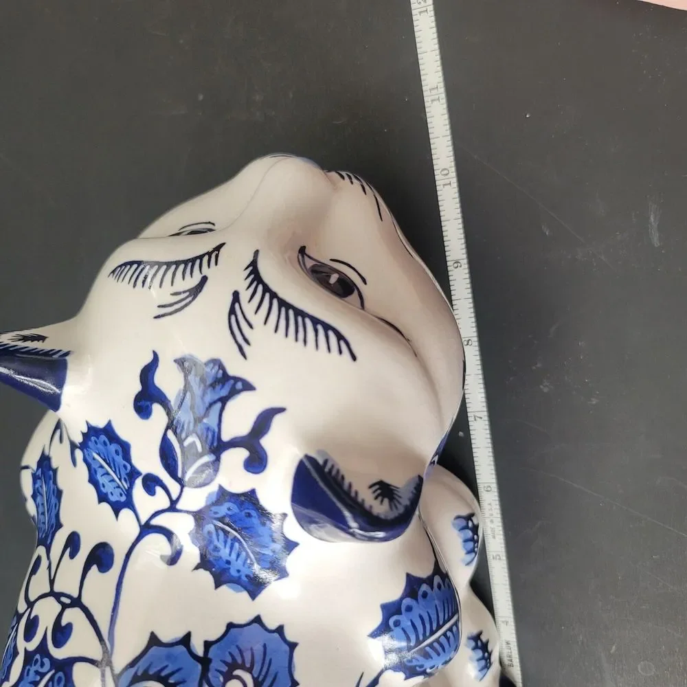 Cobalt Blue & White Chinoiserie Porcelain Cat Floral Chintz Design 10x5x5" Vtg - Picture 6 of 12
